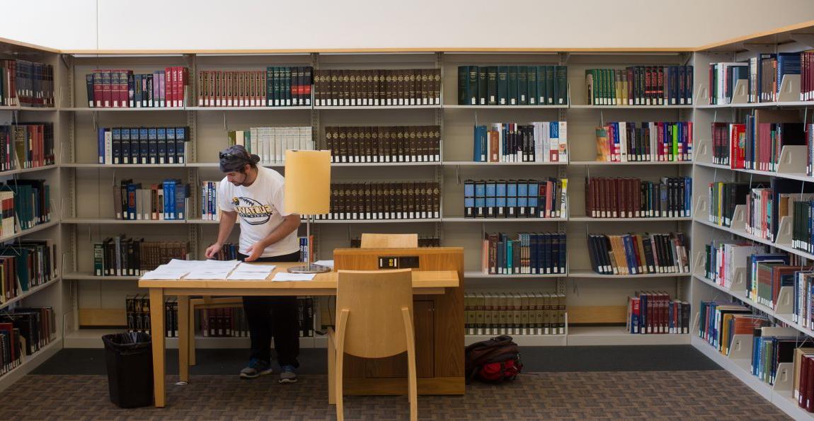 Students study and work on assignments in the library.